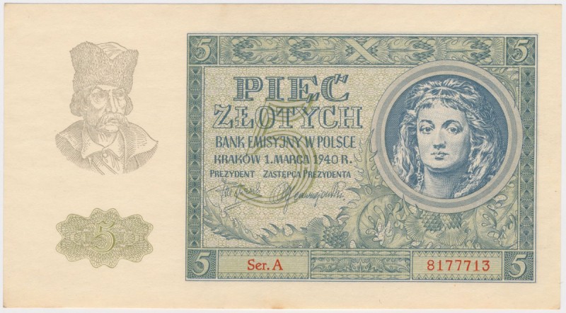 5 złotych 1940 - Ser.A
 Lekko zgięty pionowo, bez kreski pod światło. 

Grade...