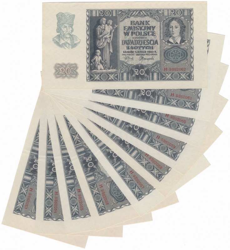 20 złotych 1940 - H - zestaw (10szt)
 Wszytskie banknoty lekko zgięte. Nieobieg...