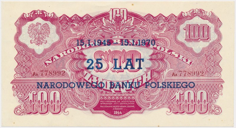 100 złotych 1944 ...owe - nadruk SPECIMEN / 25 lat NBP
 Delikatny ślad kleju le...