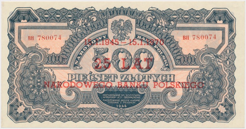 500 złotych 1944 ...owe - nadruk SPECIMEN / 25 lat NBP
 Ślad wklejenia na lewym...