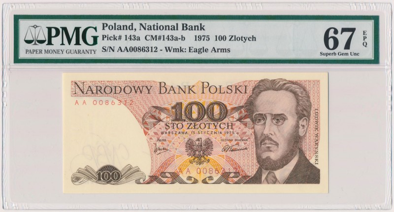 100 złotych 1975 - AA
 

Grade: PMG 67 EPQ 
Reference: Miłczak 143b