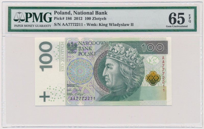 100 złotych 2012 - AA
 

Grade: PMG 65 EPQ 
Reference: Miłczak 204a