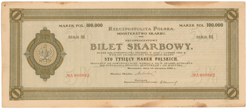 Bilet Skarbowy, Serja III - 100.000 mkp 1922
 Najwyższy nominał emisji. 
Dimen...