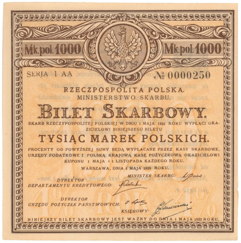 Bilet Skarbowy, Serja I AA 1.000 mkp 1920
 
Reference: Moczydłowski B1