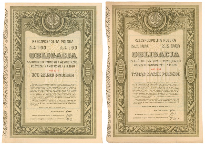 5% Poż. Krótkoterminowa 1920, Obligacje 100 i 1.000 mkp 1920 (2szt)
 
Referenc...