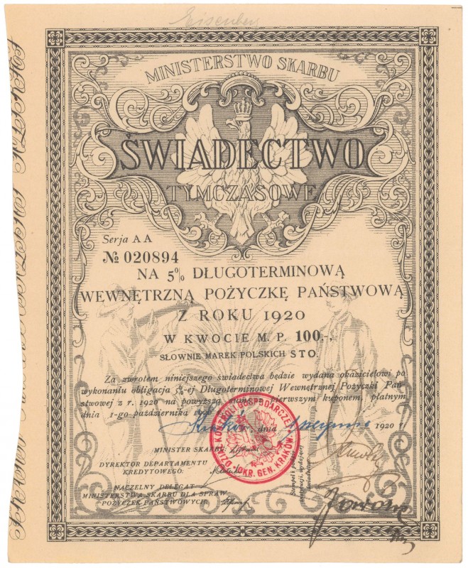 5% Poż. Długoterminowa 1920, Świadectwo tymczasowe 100 mkp - gruby papier
 
Re...