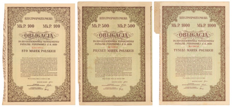 5% Poż. Długoterminowa 1920, Obligacje 100, 500 i 1.000 mkp (3szt)
 
Reference...