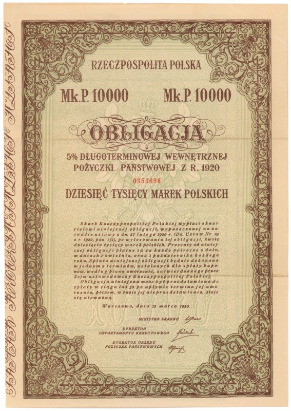 5% Poż. Długoterminowa 1920, Obligacja na 10.000 mkp - mały numerator
 Mały num...