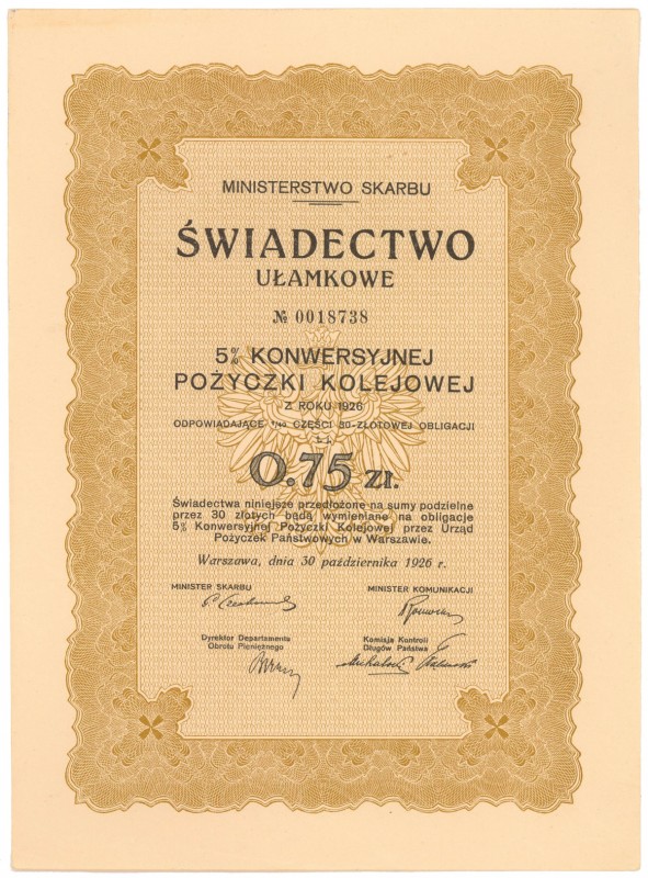 5% Konwersyjna Poż. Kolejowa 1926, Świadectwo ułamkowe 0.75 złotego
 
Referenc...