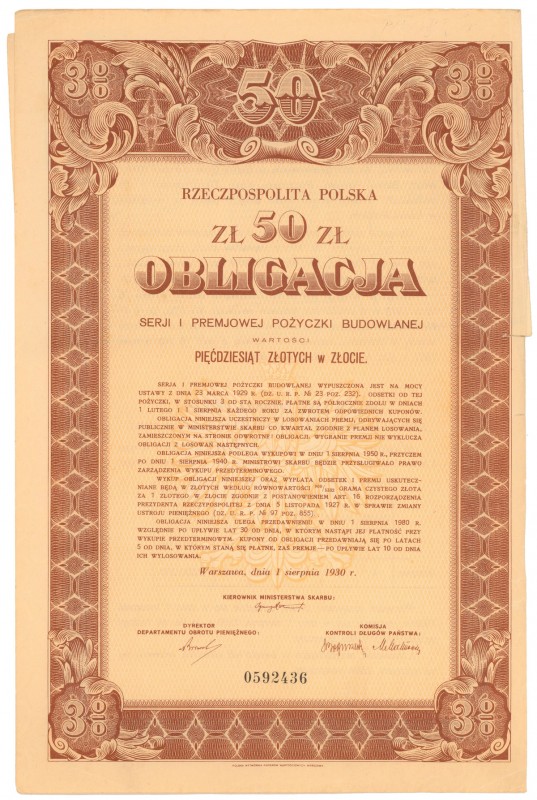 3% Premiowa Pożyczka Budowlana 1930, Obligacja na 50 zł 
 
Reference: Bykowski...