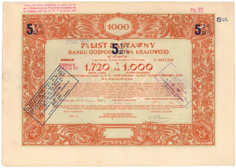 BGK, List zastawny na 1.000 franków 1933 (1.720 zł)
 
Dimensions: 38.5 x 27.5...