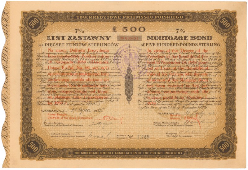 Tow. Kredytowe Przemysłu Polskiego, List zastawny na 500 funtów 1925
 Z przedru...