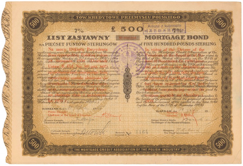 Tow. Kredytowe Przemysłu Polskiego, List zastawny na 500 funtów 1925
 Z przedru...