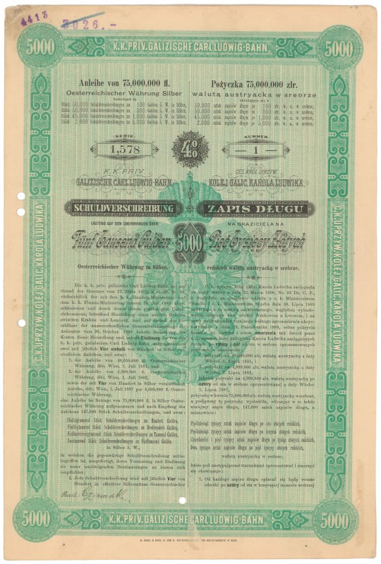 Kolej Galicyjska Karola Ludwika, ZAPIS DŁUGU (obligacja) na 5.000 zł 1890
 Najw...