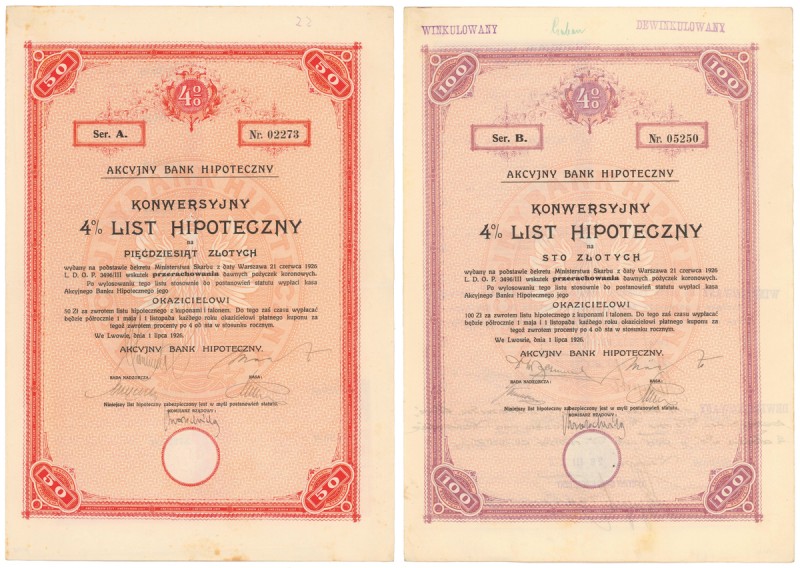 Lwów, Akc. Bank Hipoteczny, 4% Listy hipoteczne na 50 i 100 zł 1926 (2szt)