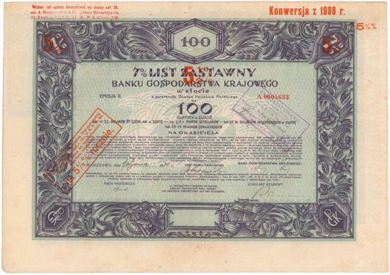 BGK, List zastawny na 100 zł 1933
 
Dimensions: 38.5 x 27.5