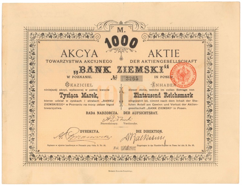 Bank Ziemski w Poznaniu, 1.000 mk - RZADKA
 Bank utworzony w 1886 roku. W 1921 ...