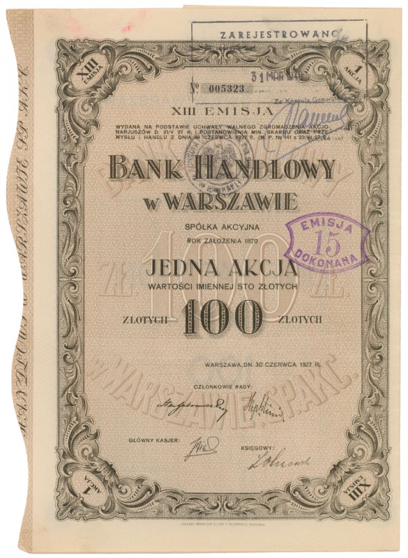 Bank Handlowy w Warszawie, Em.13, 100 zł 1927
 
Dimensions: 20 x 27.5
Referen...