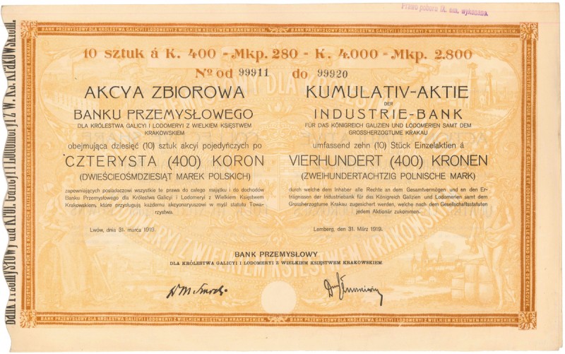 Bank Przemysłowy dla Królestwa Galicyi i Lodomeryi, 10x 400 kr 1919
 
Dimensio...