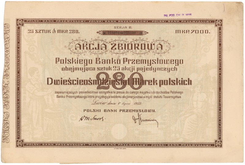 Polski Bank Przemysłowy, 25x 280 mkp 1922
 
Dimensions: 38 x 26.5
Reference: ...