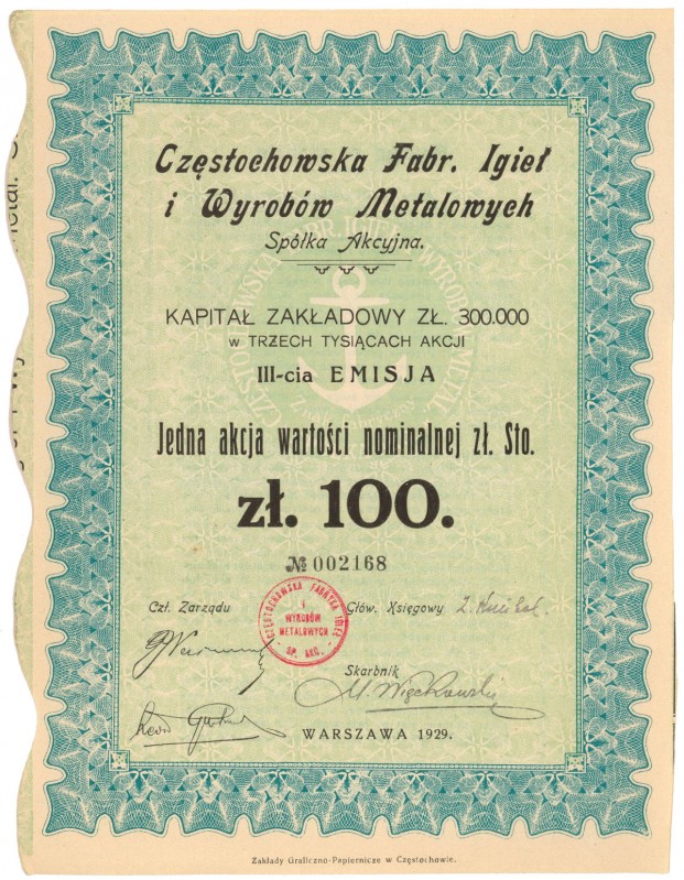 Częstochowska Fabr. Igieł i Wyrobów Metalowych, Em.3, 100 zł 1929
 
Dimensions...