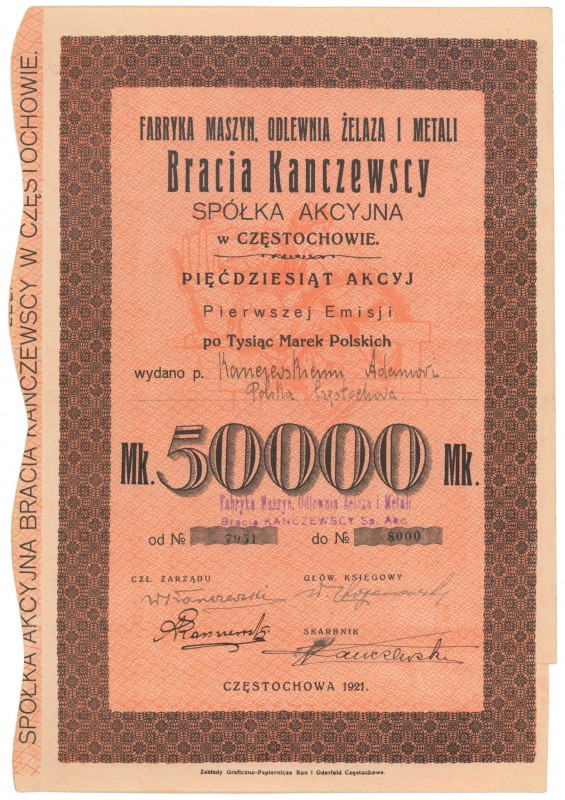 Fabryka Maszyn, Odlewnia Żelaza... 'Bracia Kanczewscy', Em.1, 50x 1.000 mkp 1921...