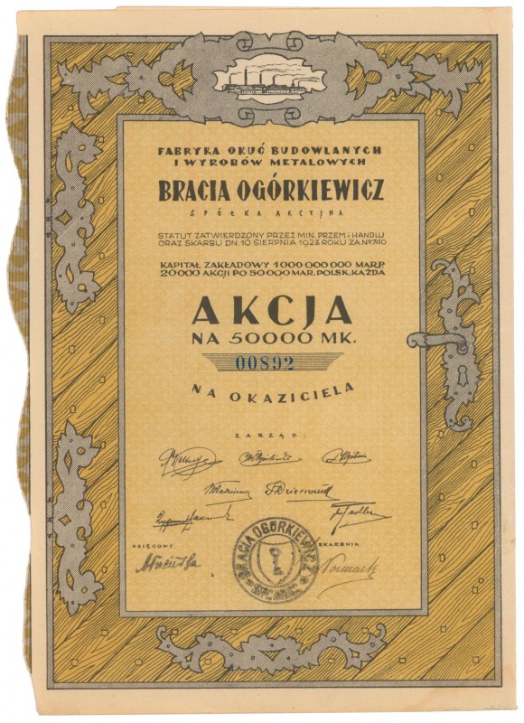 Fabryka Okuć Budowlanych... 'Bracia Ogórkiewicz', 50.000 mkp 
 
Reference: IBA...