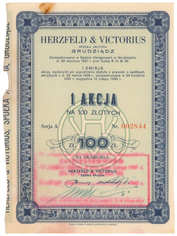 'Herzfeld & Victorius', Em.1, 100 zł
 
Dimensions: 13 x 17.5
Reference: IBAP ...