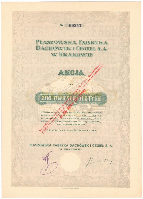 Płaszowska Fabryka Dachówek i Cegieł, 200 zł 1926 - przewalutowana
 
Dimension...