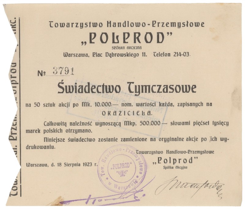 'Polprod', Świadectwo tymczasowe 50x 10.000 mkp 1923
 
Dimensions: 18 x 15