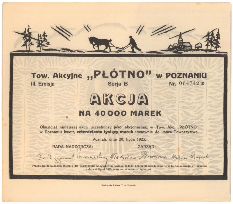 Tow. Akc. 'Płótno' w Poznaniu, Em.3, 40.000 mk 1923
 
Reference: IBAP #1950, K...