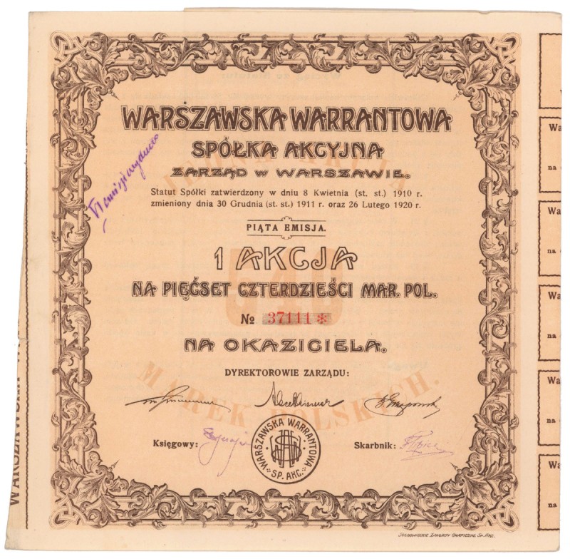 Warszawska Warrantowa Sp. Akc., Em.5, 540 mkp 1922
 
Reference: IBAP #978, Koz...