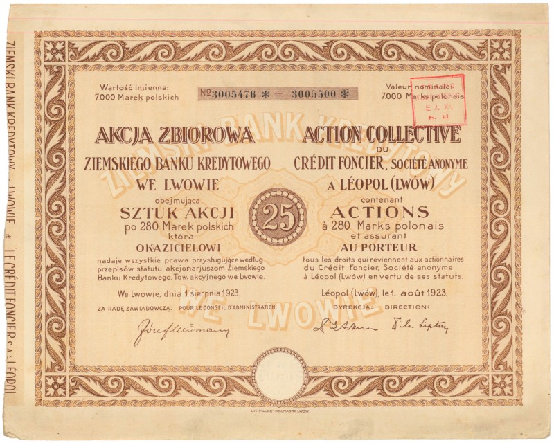 Ziemski Bank Kredytowy, 25x 280 mkp 1923
 
Reference: IBAP #1922, Koziorowski ...