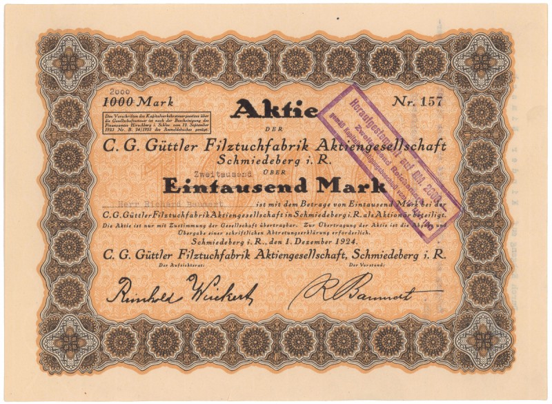 Kowary, C. G. Güttler Filztuchfabrik AG, 1.000 mk 1924