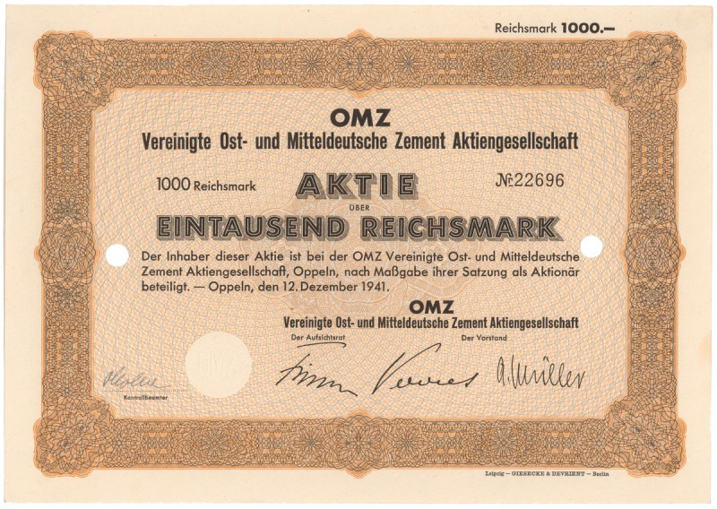 Opole, OMZ Vereinigte Ost-und Mitteldeutsche Zement..., 1.000 rmk 1941