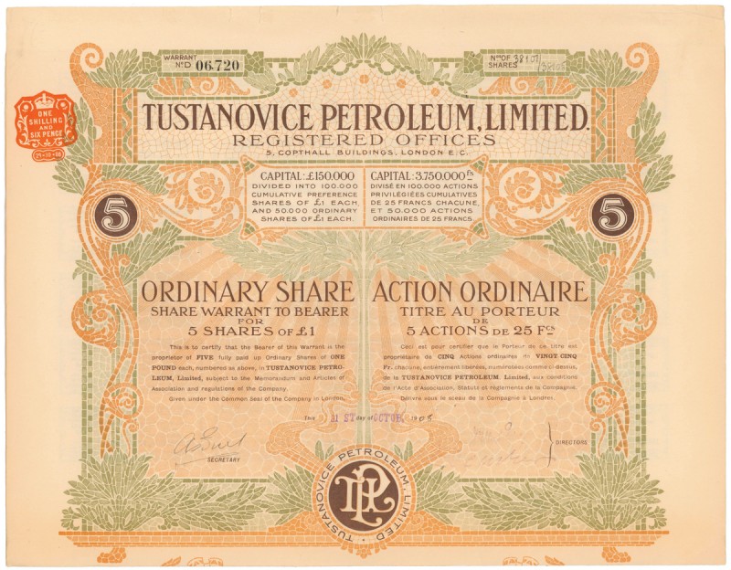 Tustanowice,Tustanovice Petroleum Ltd., 125 francs 31.10.1908