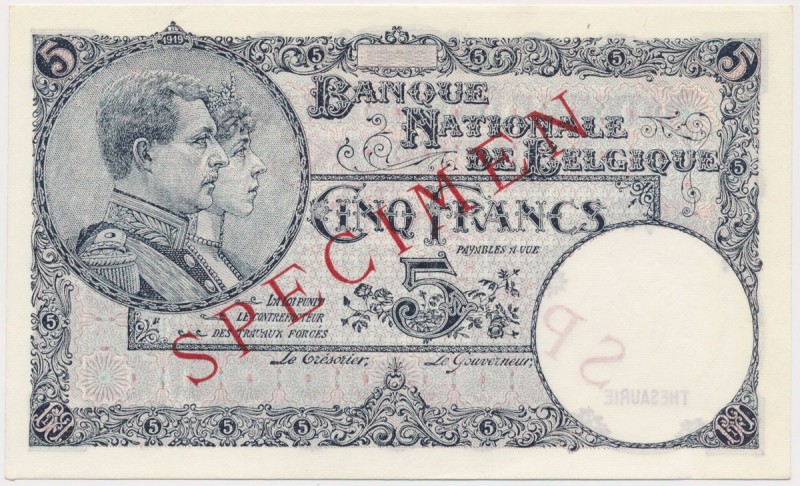 Belgium, 5 Francs ND (1938) SPECIMEN
Belgia, 5 francs (1938) SPECIMEN
 Only tw...