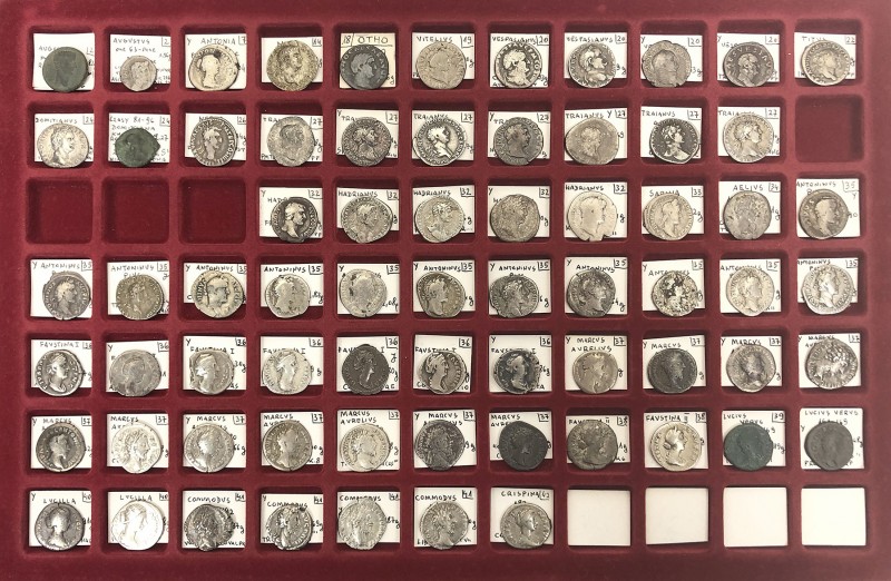 Roman Empire, lot of sixty-nine (69) AR and AE Issues, mostly Roman denarii, I -...