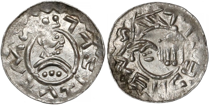 Czechy, Wratysław II (1061-1092), Denar
 Awers: ukoronowane popiersie nad podwó...