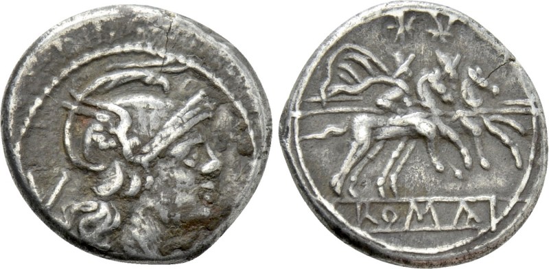 ANONYMOUS. Quinarius (211-208 BC). Rome. 

Obv: Helmeted head of Roma right; V...