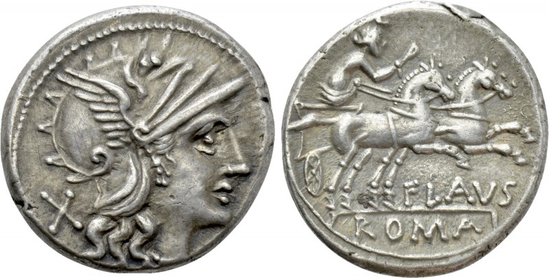 DECIMIUS FLAVUS. Denarius (150 BC). Rome. 

Obv: Helmeted head of Roma right; ...
