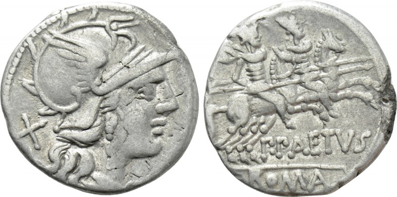 P. AELIUS. PAETUS. Denarius (138 BC). Rome. 

Obv: Helmeted head of Roma right...