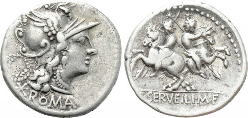 C. SERVILIUS M. F. Denarius (136 BC). Rome. 

Obv: ROMA. 
Helmeted head of Ro...
