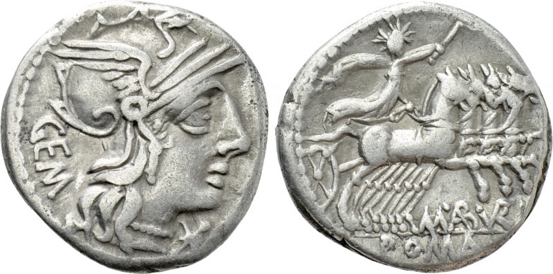 M. ABURIUS M.F. GEMINUS. Denarius (132 BC). Rome. 

Obv: GEM. 
Helmeted head ...