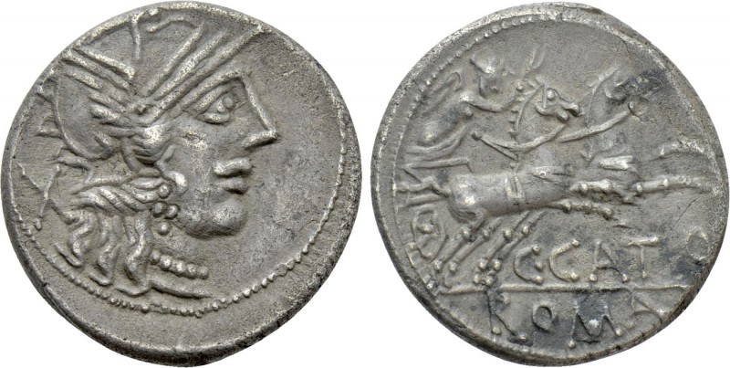 C. PORCIUS CATO. Denarius (123 BC). Rome. 

Obv: Helmeted head of Roma right; ...