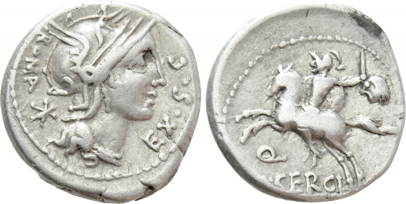 M. SERGIUS SILUS. Denarius (116-115 BC). Rome. 

Obv: ROMA EX S C. 
Helmeted ...