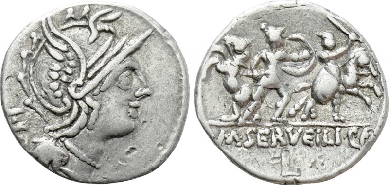 M. SERVILIUS C.F. Denarius (100 BC). Rome. 

Obv: Helmeted head of Roma right;...