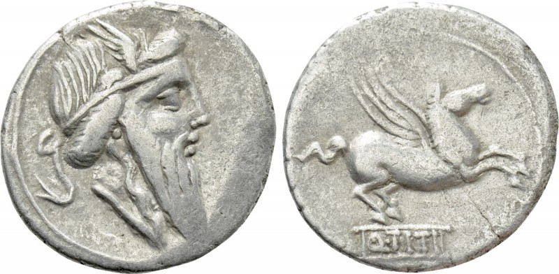 Q. TITIUS. Denarius (90 BC). Rome. 

Obv: Bearded head of Mutinus Titinus righ...