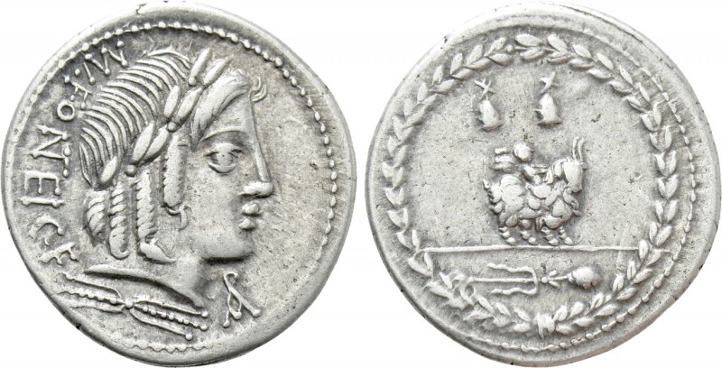 MN. FONTEIUS C.F. Denarius (85 BC). Rome. 

Obv: MN FONTEI C F. 
Laureate hea...