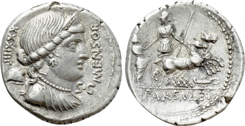L. FARSULEIUS MENSOR. Denarius (76 BC). Rome. 

Obv: MENSOR / S C. 
Diademed ...